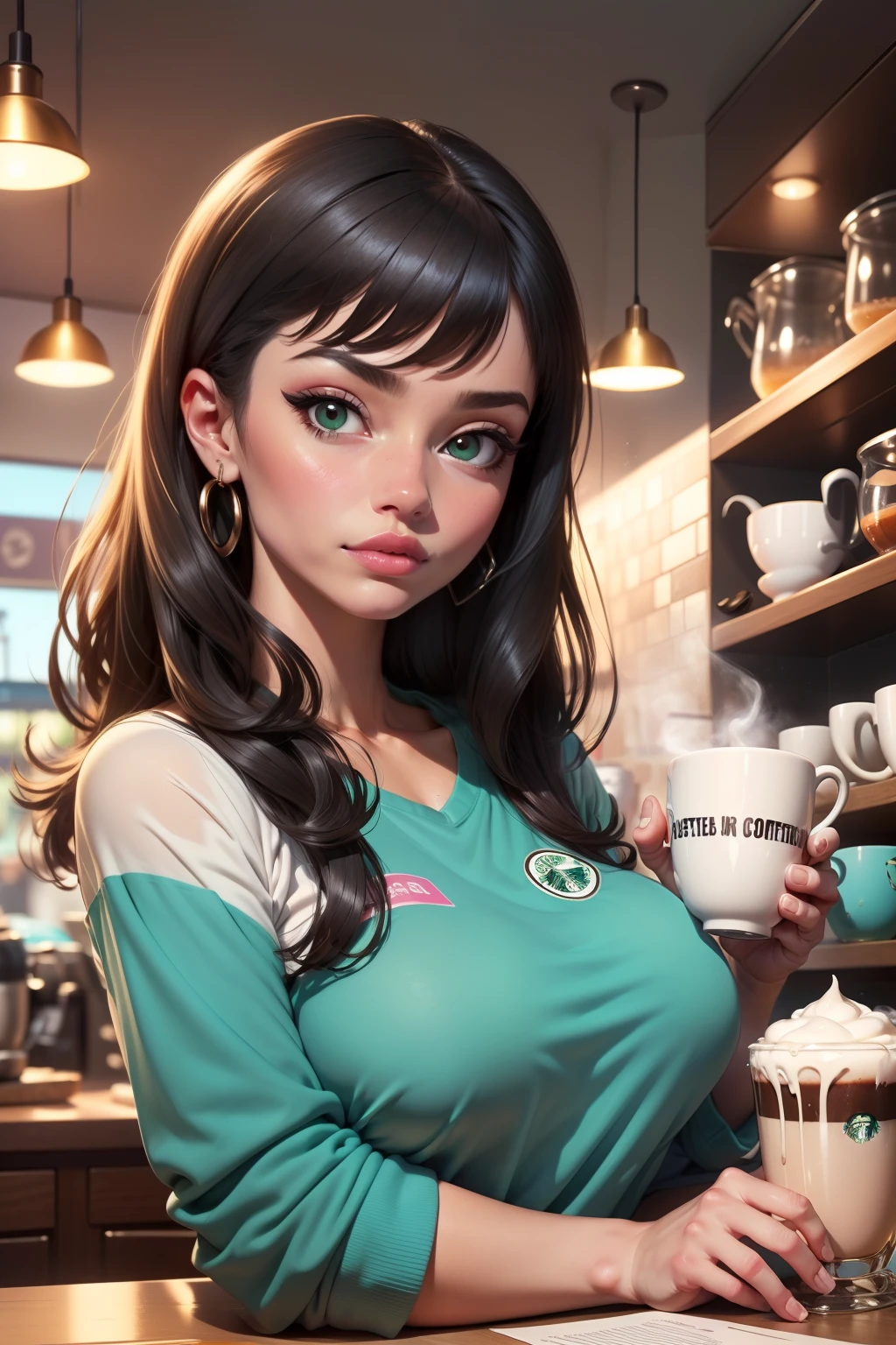 ((master part)), alta qualidade, Very high resolution, tamanho de arquivo grande, Colorido, [corar], cara bonito, alto contraste, High detail, an illustration of a 19-year-old girl working at Starbucks Coffee with aqua eyes with dark brown hair, (seios pequenos), loja elegante, 1girl, sozinho, NSFW, (Avental Verde), Blusa, Seios completamente para fora, no-bra, recorte dos seios, capa de revista, ((inclinando-se para a frente, acabaram, lactation:1.2, lactation in cup, auto ordenha em copo, Pour breast milk into coffee, absorbed lactation))