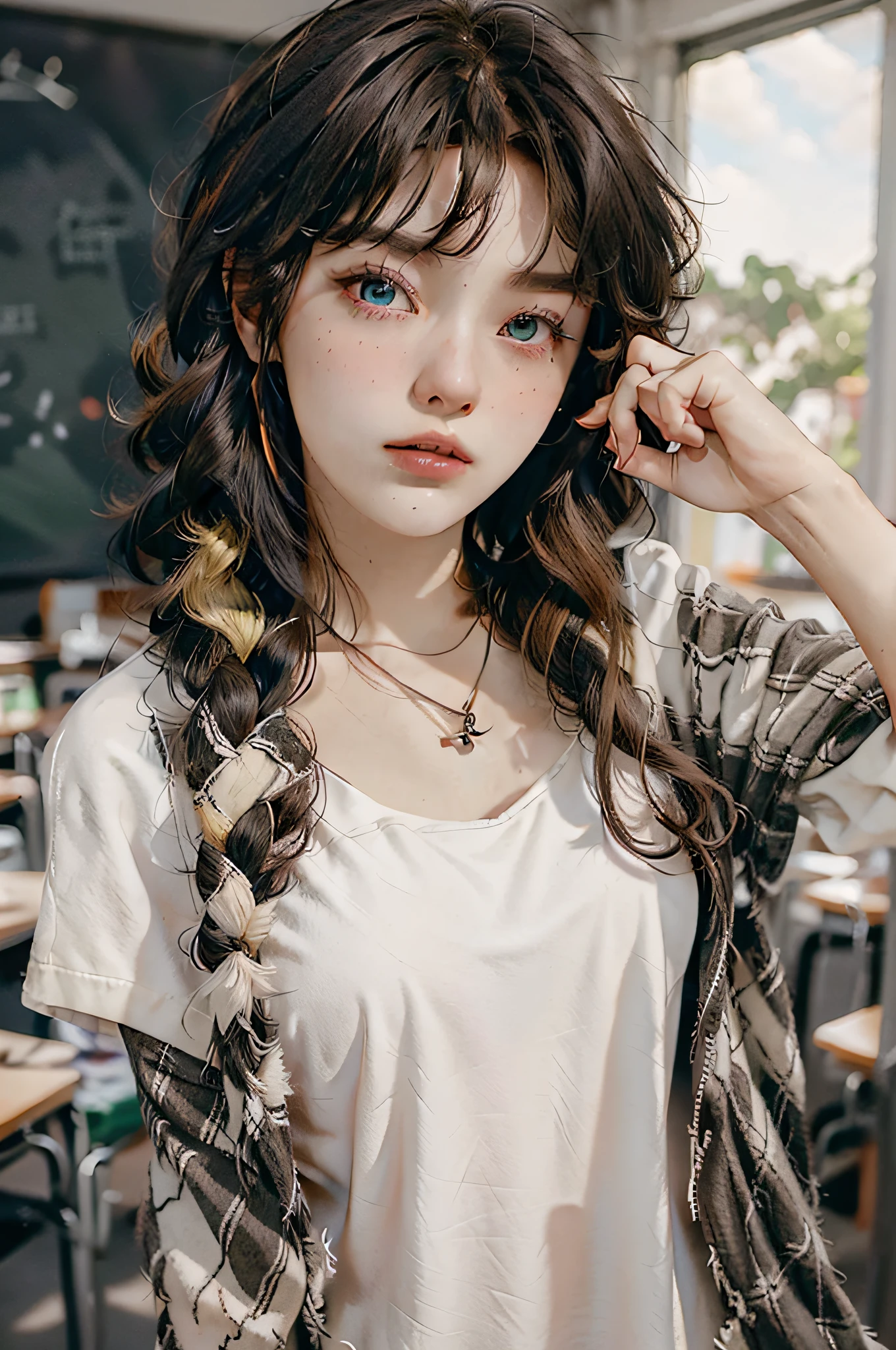 (Anime))), (Gal), Medium Hair, (Braided Hair:1.3), (Bangs:1.2), ((Split-colored Hair, Blonde Hair, and pink,)) Round Face, deep blue Eyes with green specks, (drooping Eyes), ((((Tips)))),Pin Clips ,Earrings, Necklace,[tan Skin], (various emotion and pose) Beautiful, 1 Girl, Solo,  [ cleavage cutout],peace sign, beautiful background,(Classroom:1.5),Morning, Sunlight, Backlight, Masterpiece, Top Quality,Exquisite,8k,Absurdity,Ultra fine illustration, ((shrug \(clothing\))