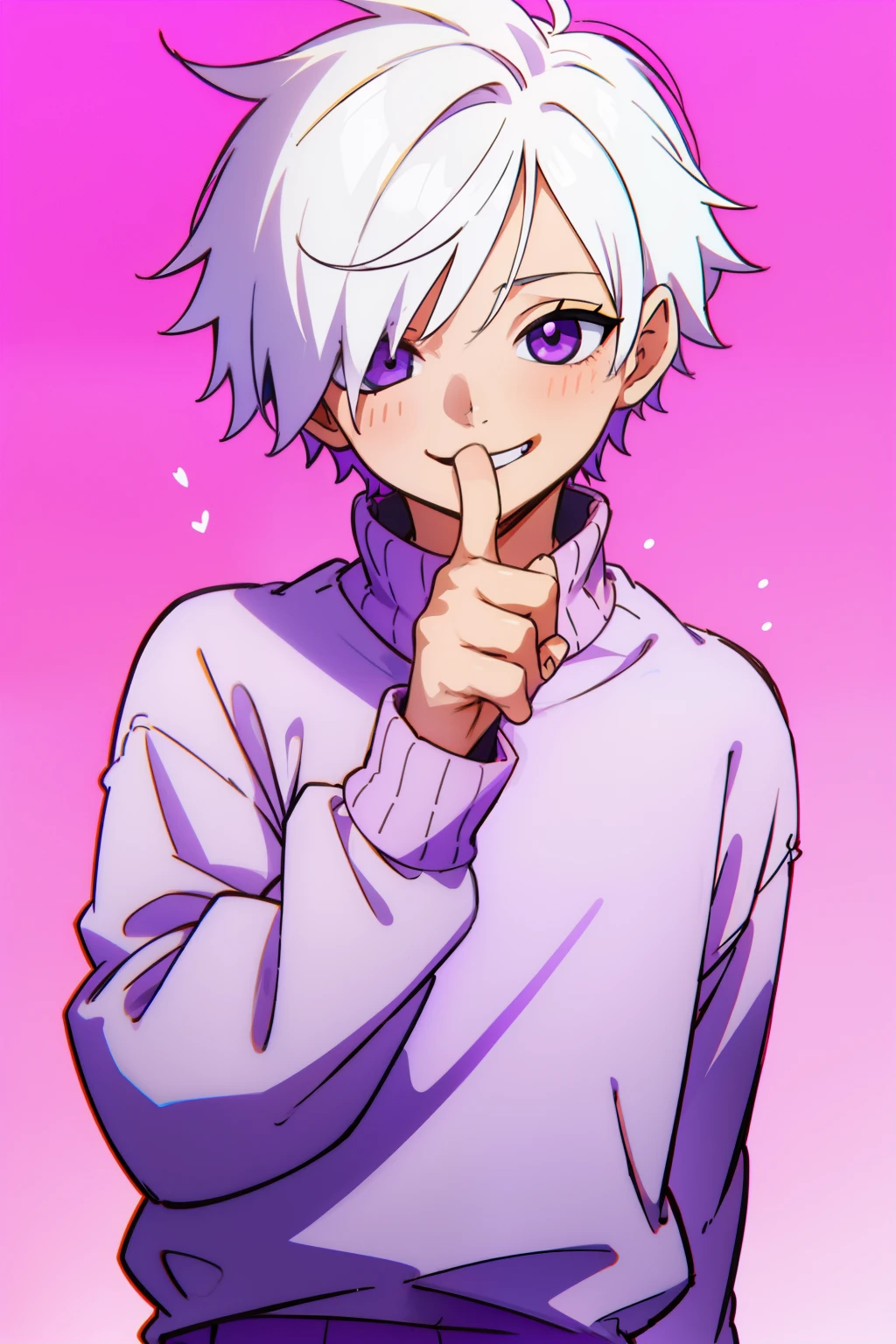 Anime boy with white hair and blue eyes holding a finger to his mouth -  SeaArt AI