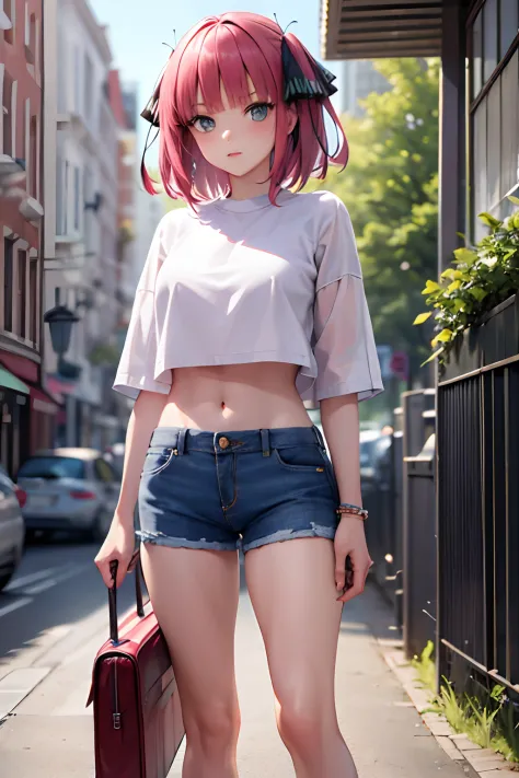 masterpiece, best quality, highres, nn1, 1girl, hair ribbon, short hair, jean, crop top, cowboy shot, standing, outdoors,