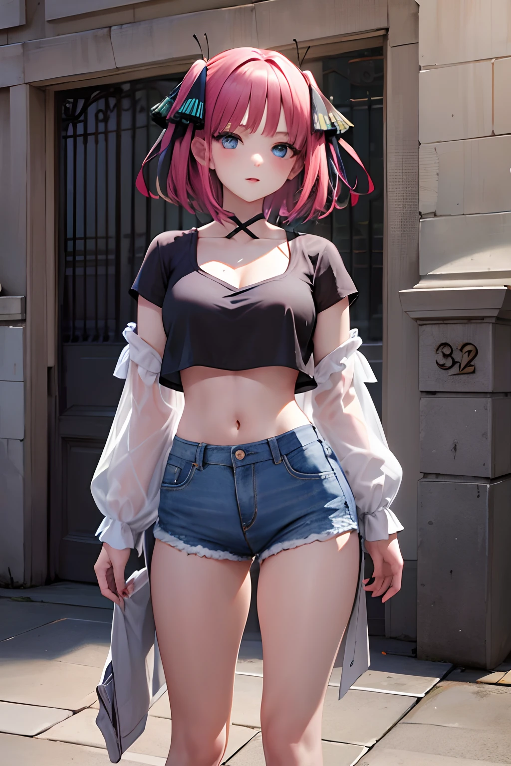 masterpiece, best quality, highres, nn1, 1girl, hair ribbon, short hair, jean, crop top, cowboy shot, standing, outdoors,