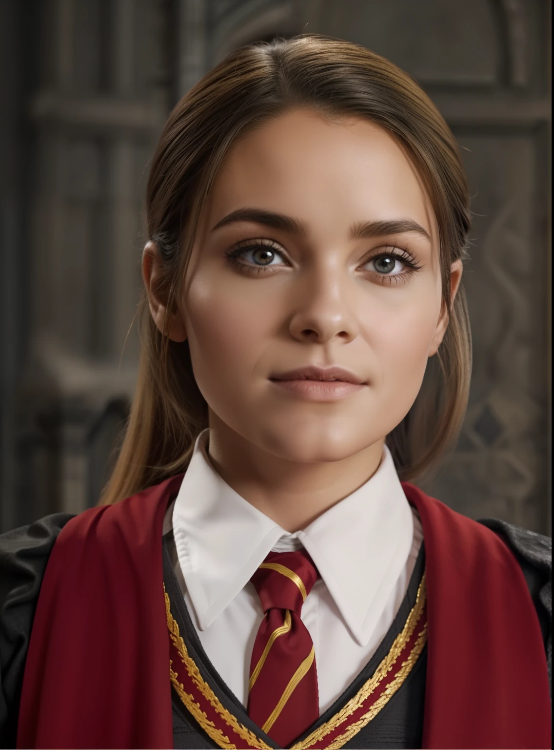 A imagem mostra uma mulher usando um uniforme escolar vermelho e dourado com uma gravata. The person's face is beautiful. The background is black and gray stone room and the person is standing in front of it. The person's hair is blonde and is stuck.

 um uniforme Hogwarts, which is the school of magic and witchcraft of the Harry Potter universe. Gryffindor.