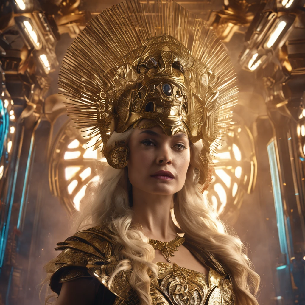 Syfy blonde, hair, empresses exiting her ship in full imperial dress that is gold very elegant but powerful with light body armor