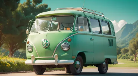carro tipo kombi de cor verde, passeando em um campo de morangos, desenho no estilo Pixar Disney