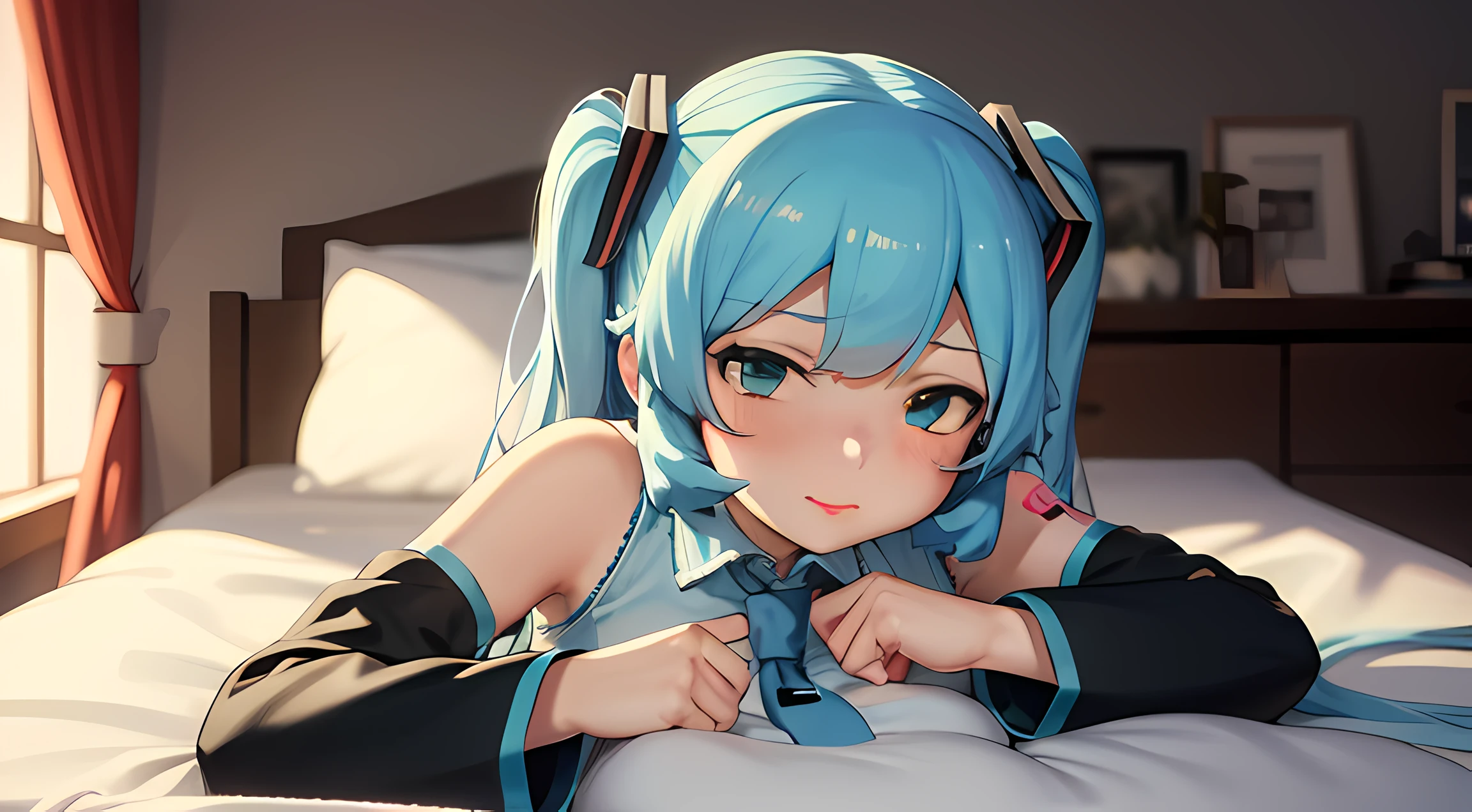 hatsune miku, camisa blanca, falda negra, en la cama, de frente, vista trasera, Pelo azul de cola doble, Ecchi,