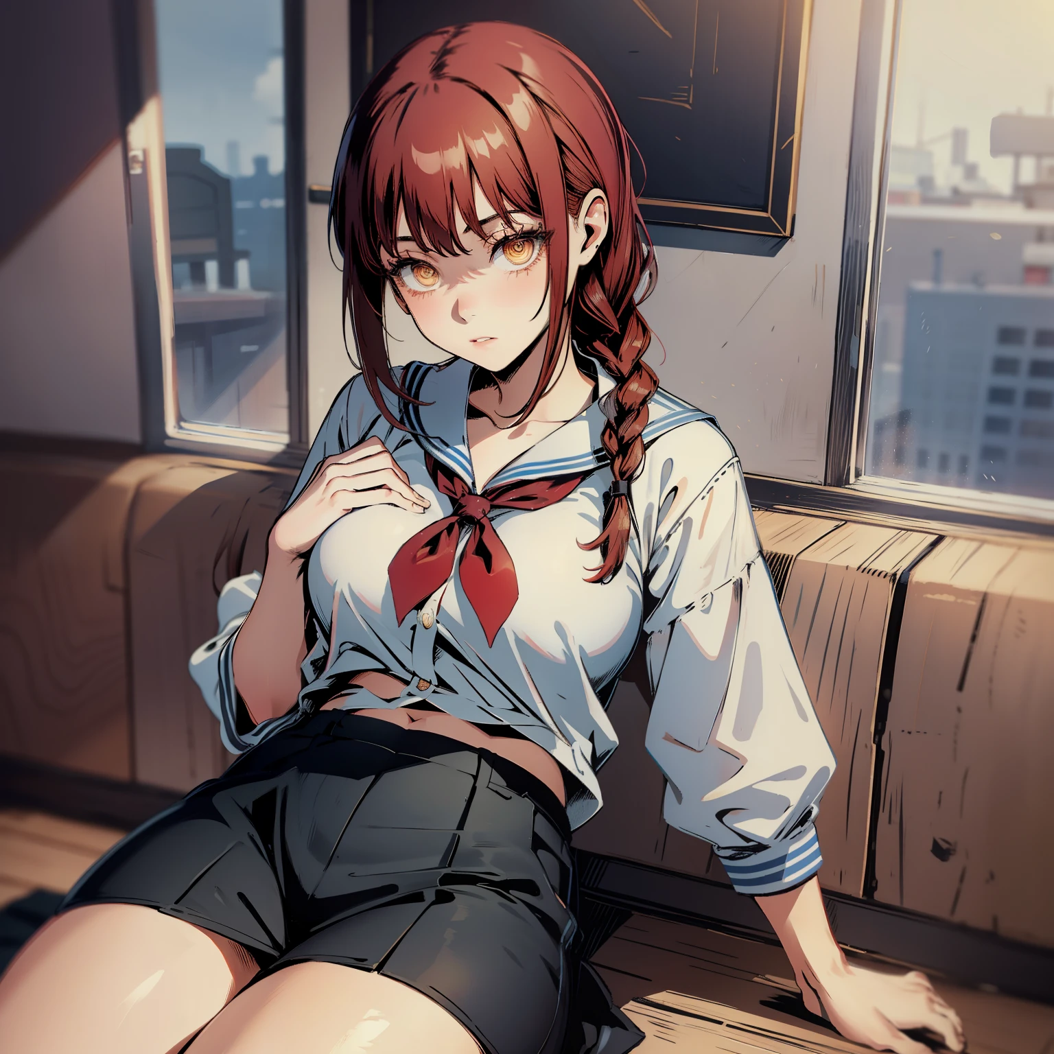 masterpiece, besy quality, cowboy shot, high school girl, sailor suit, skirt, droopy eyes, big, thick thighs, black pants, sexy girl, full of sensuality, makima
braided ponytail
ringed eyes, girl