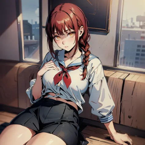 masterpiece, besy quality, cowboy shot, high school girl, sailor suit, skirt, droopy eyes, big, thick thighs, black pants, sexy ...