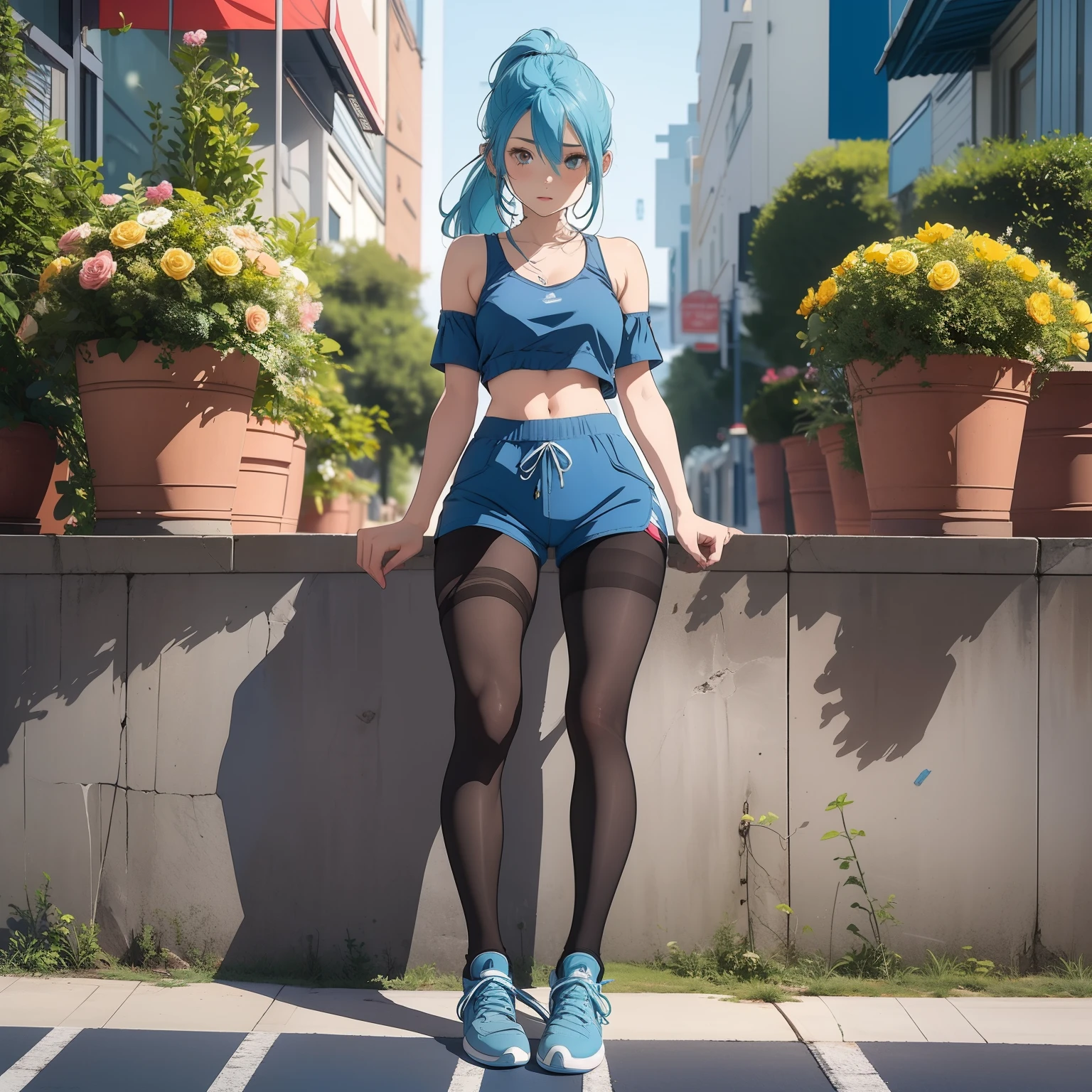 (masterpiece), (1girl, solo, alone:1.1), full body shot, beautiful anime girl, standing, legs separated, 18 years old, park, flowers, sexy, long legs, long hair, 1 ponytail, half hair is pink half hair is blue, blushing, aqua, sneakers, 1girl, ((black pantyhose, blue sport mini shorts:1.3)), floral pattern sports bra, sexy, bare shoulders, naked arms