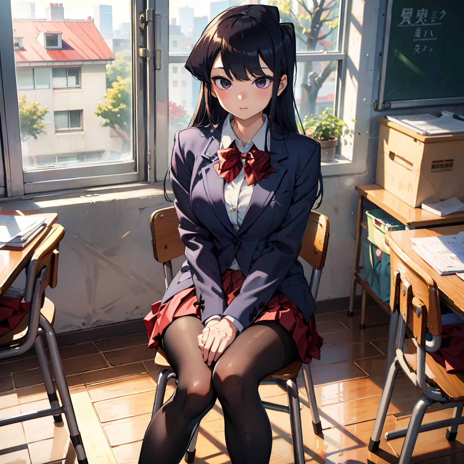 komiShouko, Meisterwerk, beste Qualität, absurdesten, 1 Mädchen, Betrachter betrachten, v Arme, Strumpfhose, Klassenzimmer, Schuluniform, roter Rock, rote Schleife, Blazer, Fenster, Sitzung, Stuhl, Menge