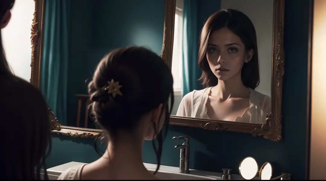 woman looking at herself in mirror, distorted and grotesque reflections, empty eyes horror