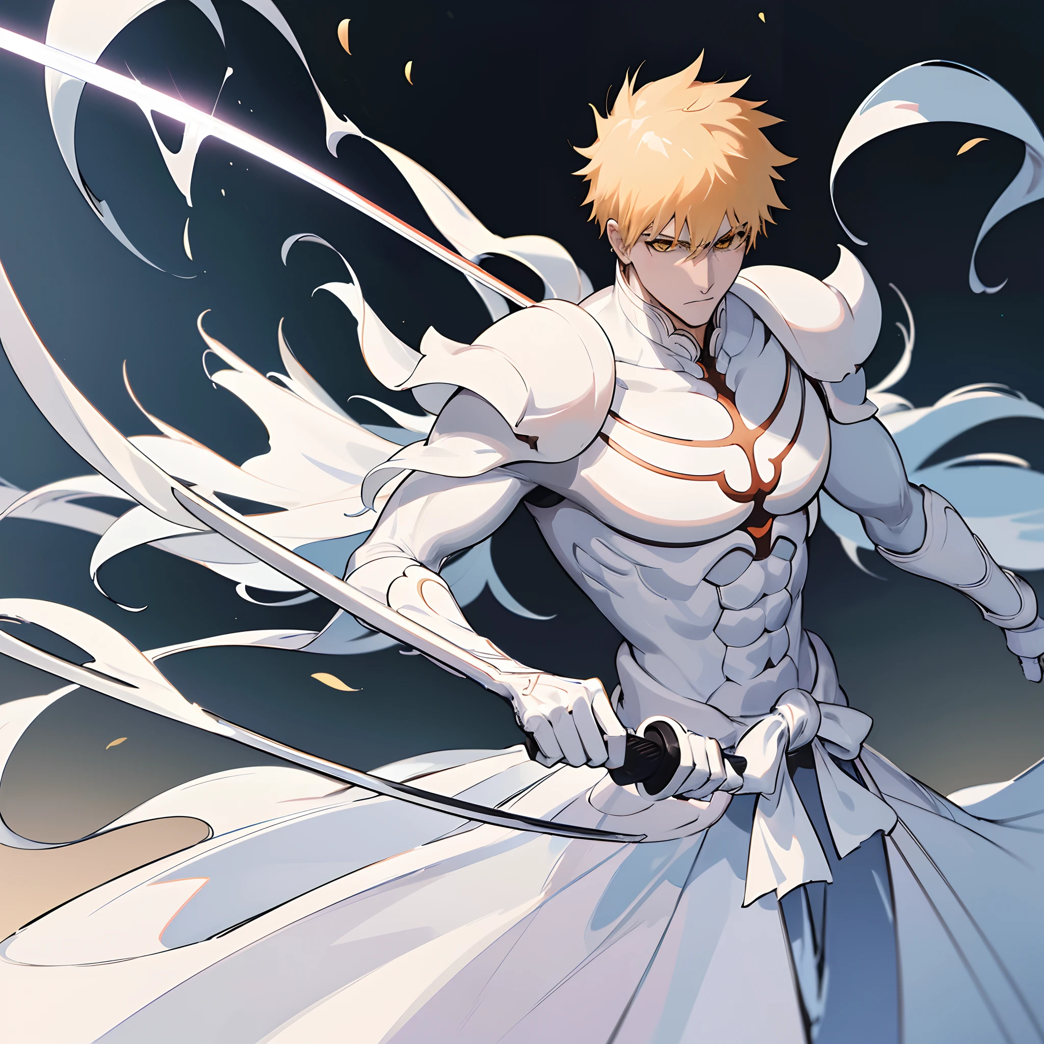 (8k wallpaper:1.2),(Ultra-high resolution:1.2),(masterpiece:1.1),wallpaper,High quality,masterpiece,(High detail),1man,(hollow Ichigo),White skin:1.2,white spiky hair,holding a huge sword, wearing a white shinigami uniform,bleach, official art for bleach, yellow eyes, holding a huge sword,simple white background