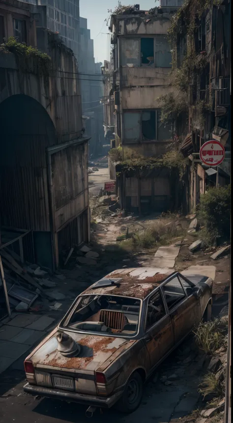 cidade abandonada, com cores neutras, foggy，greenery crawls over abandoned city buildings, cinema shot, complex urban background...