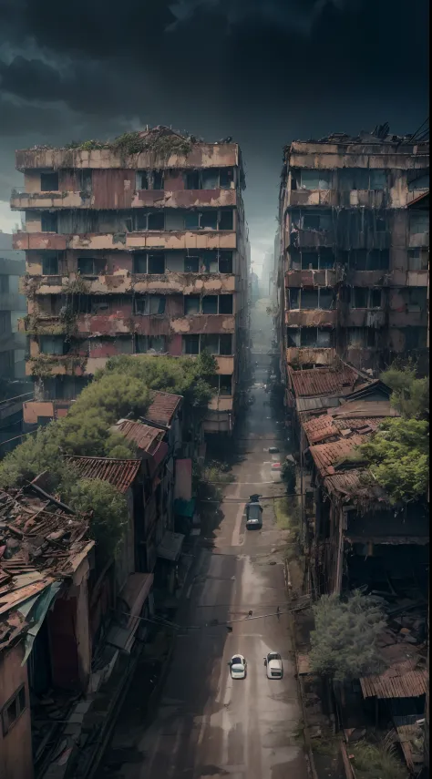 cidade abandonada, com cores neutras, foggy，greenery crawls over abandoned city buildings, cinema shot, complex urban background...