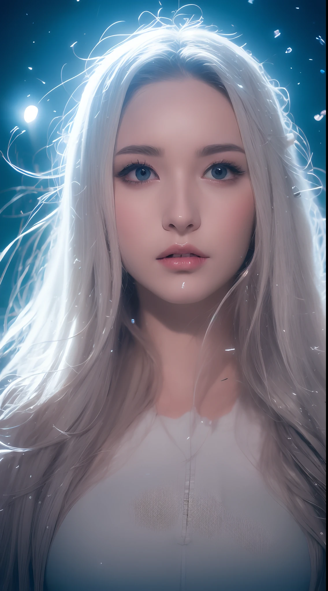 Gradient hair, Asymmetrical hair, Floating hair, low-tied long hair, bow hair band, Dilated pupils, Upturned eyes, long eyelasher, Sleepy, Silver hair, surrealism, Cinematic lighting, reflective light, partial underwater shot, hyper HD, Textured skin, A high resolution, 1080p, A high resolution, 16k