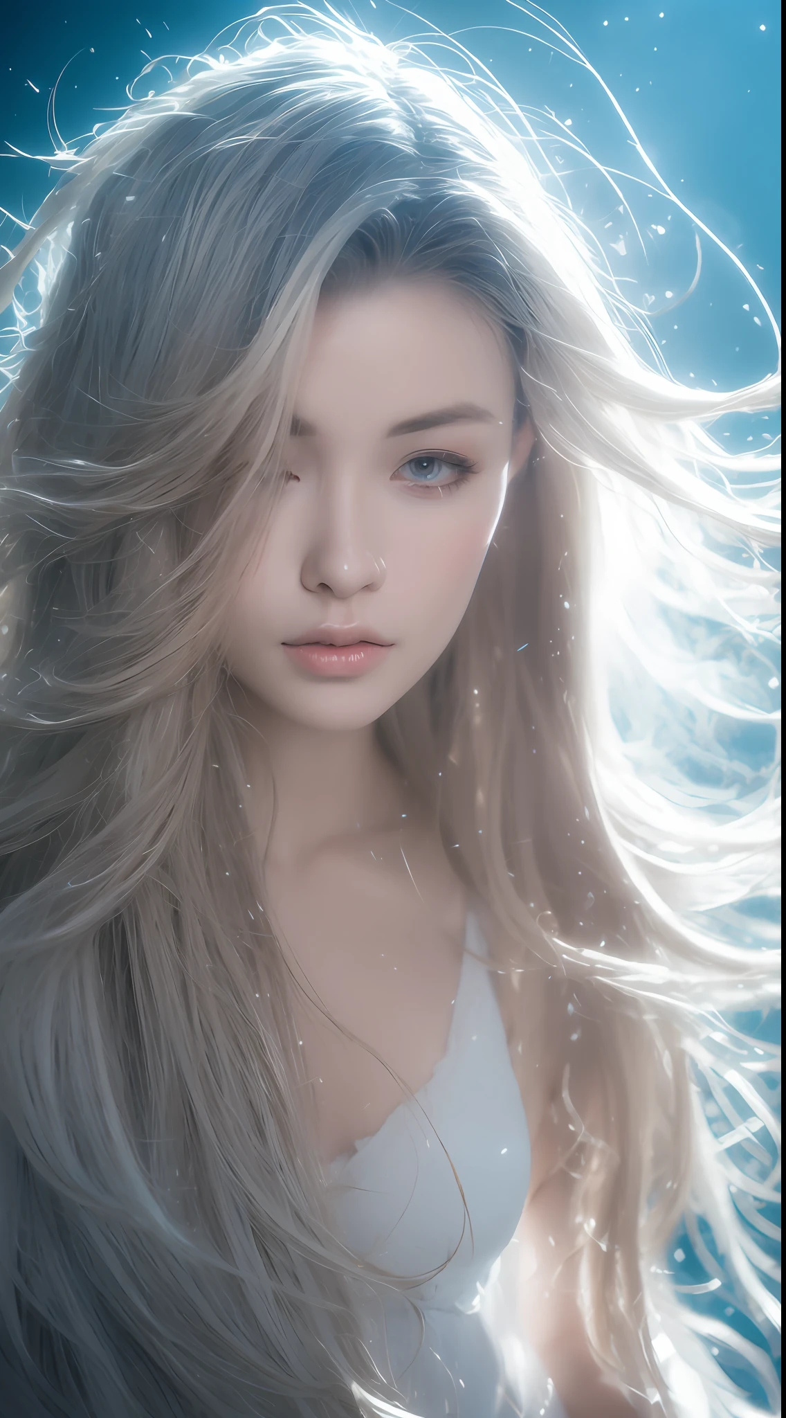 Gradient hair, Asymmetrical hair, Floating hair, low-tied long hair, bow hair band, Dilated pupils, Upturned eyes, long eyelasher, Sleepy, Silver hair, surrealism, Cinematic lighting, reflective light, partial underwater shot, hyper HD, Textured skin, A high resolution, 1080p, A high resolution, 16k