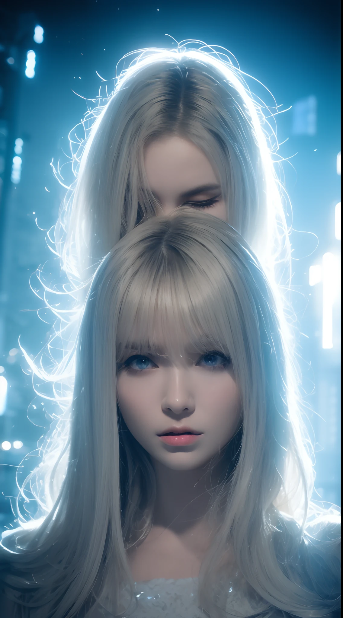 Gradient hair, Asymmetrical hair, Floating hair, low-tied long hair, bow hair band, Dilated pupils, Upturned eyes, long eyelasher, Sleepy, Silver hair, surrealism, Cinematic lighting, reflective light, partial underwater shot, hyper HD, Textured skin, A high resolution, 1080p, A high resolution, 16k