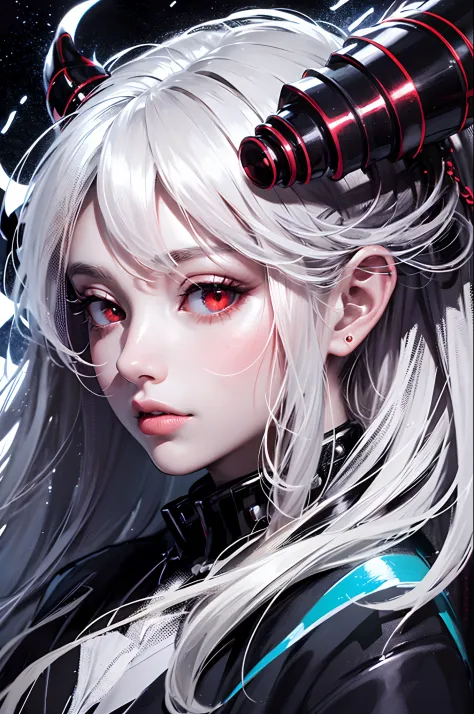 masterpiece, best quality, ultra-detailed, absurdres, colorful, 1girl, solo, (solid red eyes:1.0), (white hair, long hair, straight hair, hair over one eye:1.0), detailed eyes, wide-eyed, eyelashes, (upper body:0.8), monster girl, side view, glowing eyes, ...