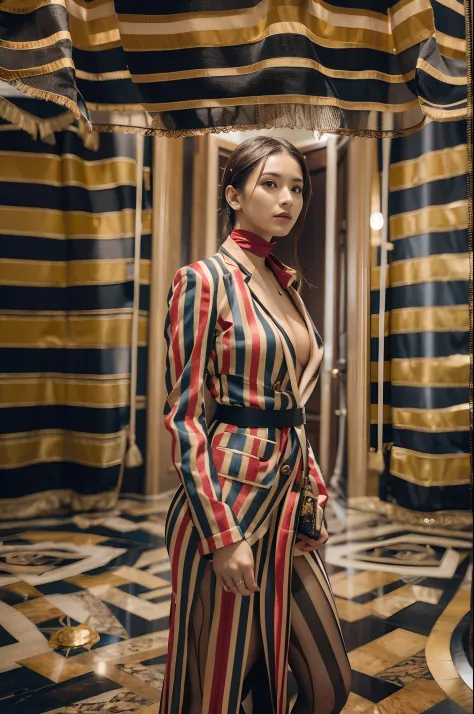 imagen de cuerpo completo. A woman dressed in a strange striped suit made of silk. She is in a beautifully decorated and modern room. With excellent lighting. Image taken with Sony evil alpha one camera and Sonnar T FE 55 mm F1,Lente 8 ZA. (La mejor calida...