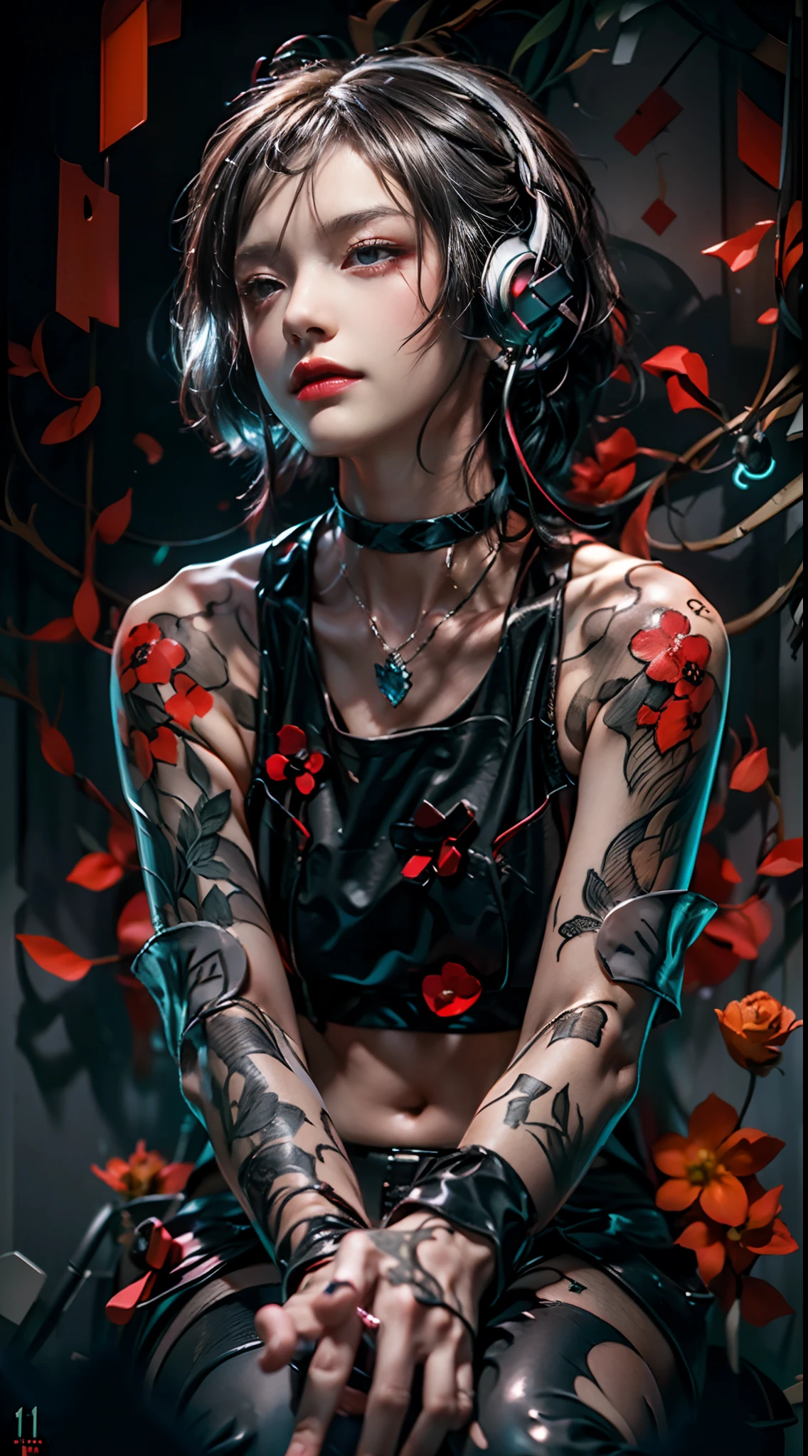 Best quality, Masterpiece, High detail, lightand shade contrast, 8K, Abstract art, (Red and black theme: 1.1), Flowers, Dark background stream, 1 girl,(((Earphone))), (((Pendants))), (((choker necklace)))
fractalized,1girll,Cyberpunk,Rebellious girl,90's,tattoo