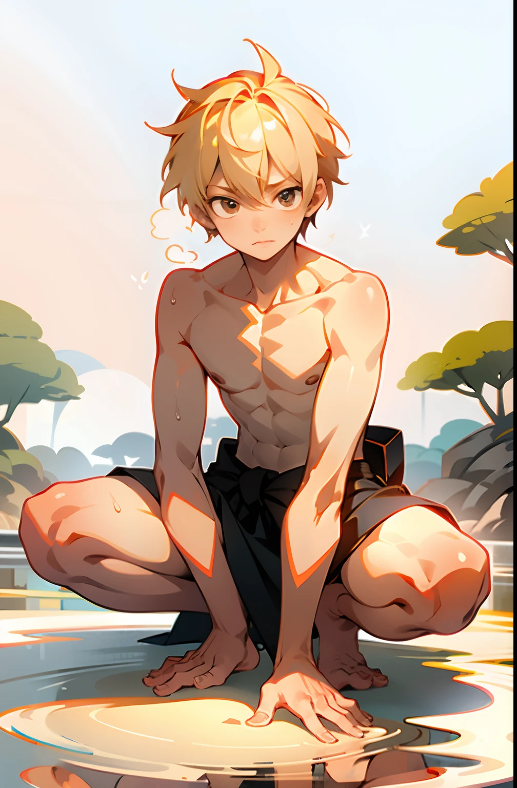 masterpiece, best quality, high quality,  1boy,10yo, , duo, male focus, full body, looking at viewer, light yellow hair, brown eye,spiky hairstyle, short hair, steam smork, japan style,  anime coloring, shy, home muji style, detailed face, topless, white towel on waist,white silk, outdoor, sweat, open legs, hand put on knee