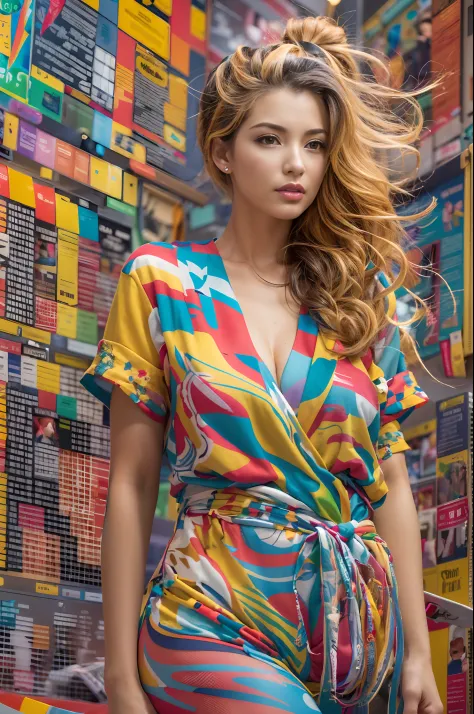 In a virtual world a lot of data is whizzing by in all directions, in the center of the image a very beautiful woman with a colorful hairstyle and a brightly colored jumpsuit looks at the world around her. (La mejor calidad)  obra maestra ((pechos muy gran...