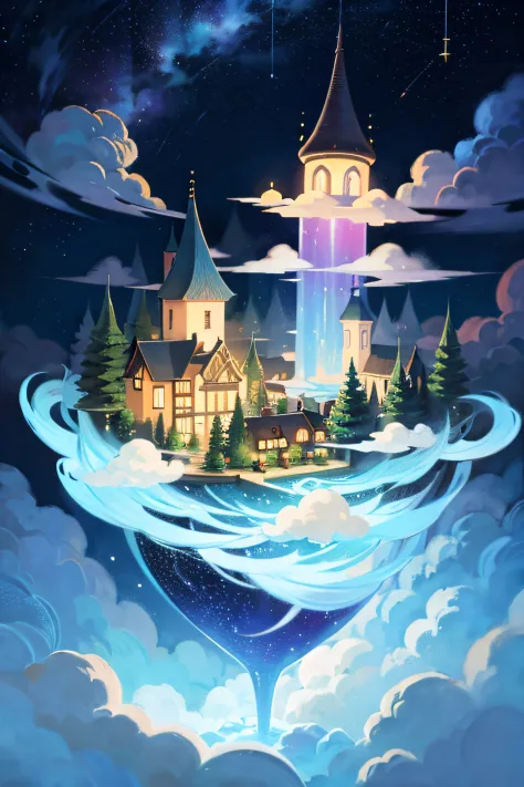 a magical village in the clouds, abode of the stars, color illustration, colorful --auto
