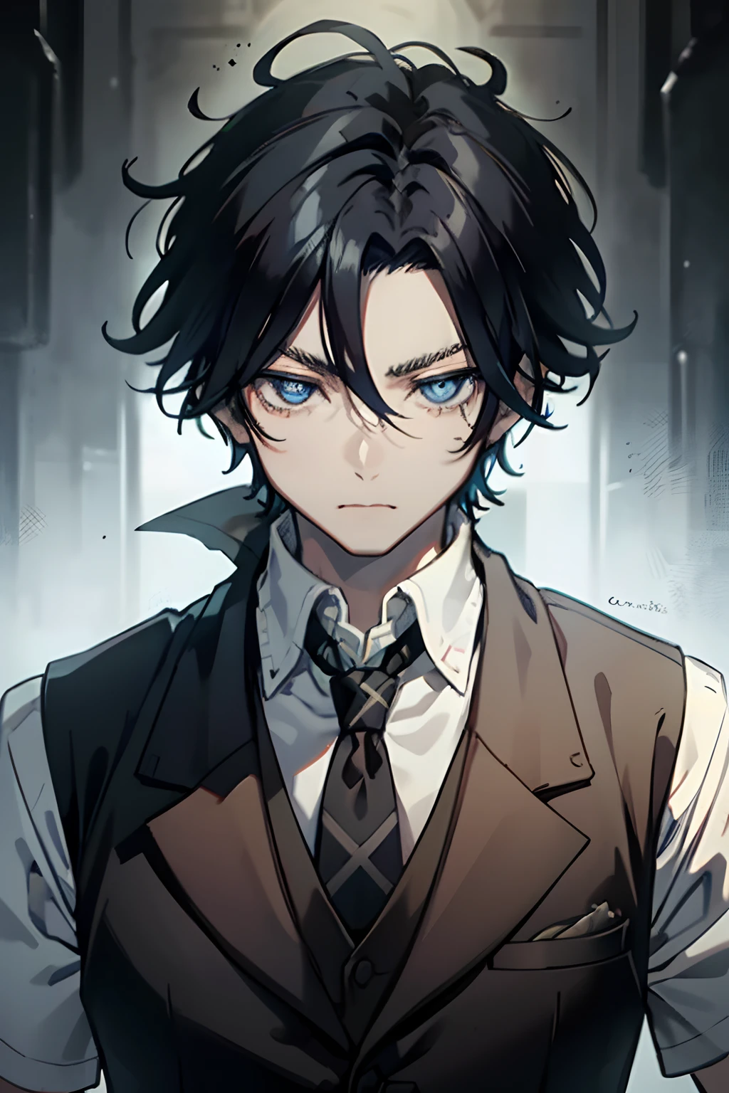 masterpiece, best quality, high quality, 1boy, solo, male focus, looking at viewer, upper body, king_of_despair, blue eyes, black hair, hair between eyes, wear a vest.