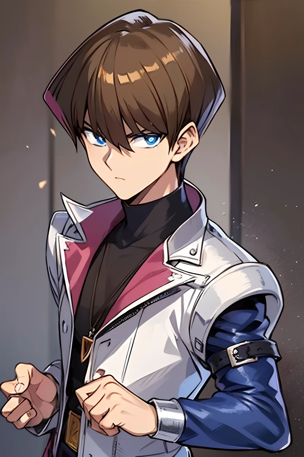(masterpiece, best quality, ultra-detailed), 1boy, blue eyes, brown hair, standing, man body, portrait shot, looking at viewer, serius expression, Seto Kaiba hair style