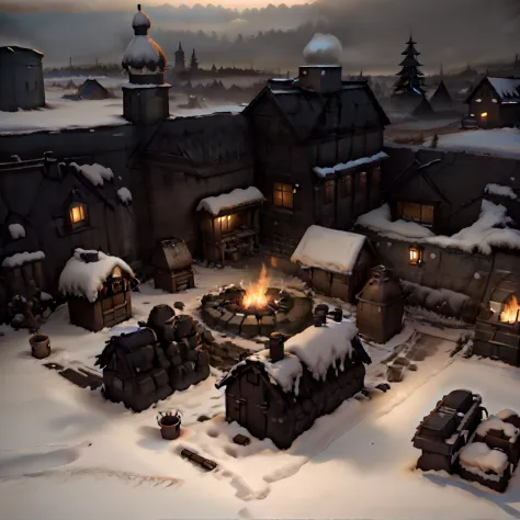 Snowy night scene of a small town with a fire pit, Village ， Unreal engine, stylized 3d render, rendered in Unreal Engine, Rende...