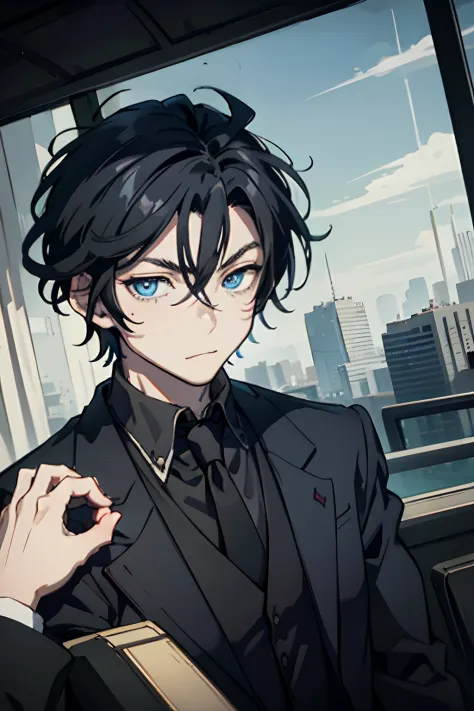 masterpiece, best quality, high quality, 1boy, solo, male focus, looking at viewer, upper body, king_of_despair, blue eyes, black hair, hair between eyes, wear a black suit.