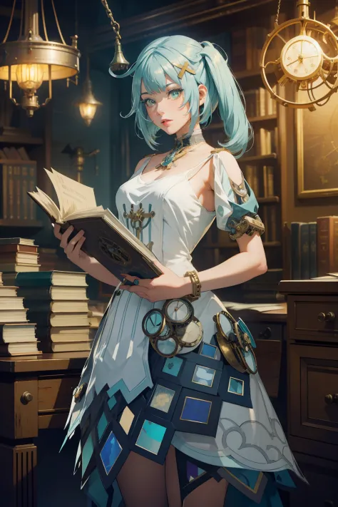 1 young woman solo, white dress, teal hair ponytails, vintage steampunk laboratory, books, lamps, papers, gears, old mechanical pieces, ((steampunk))