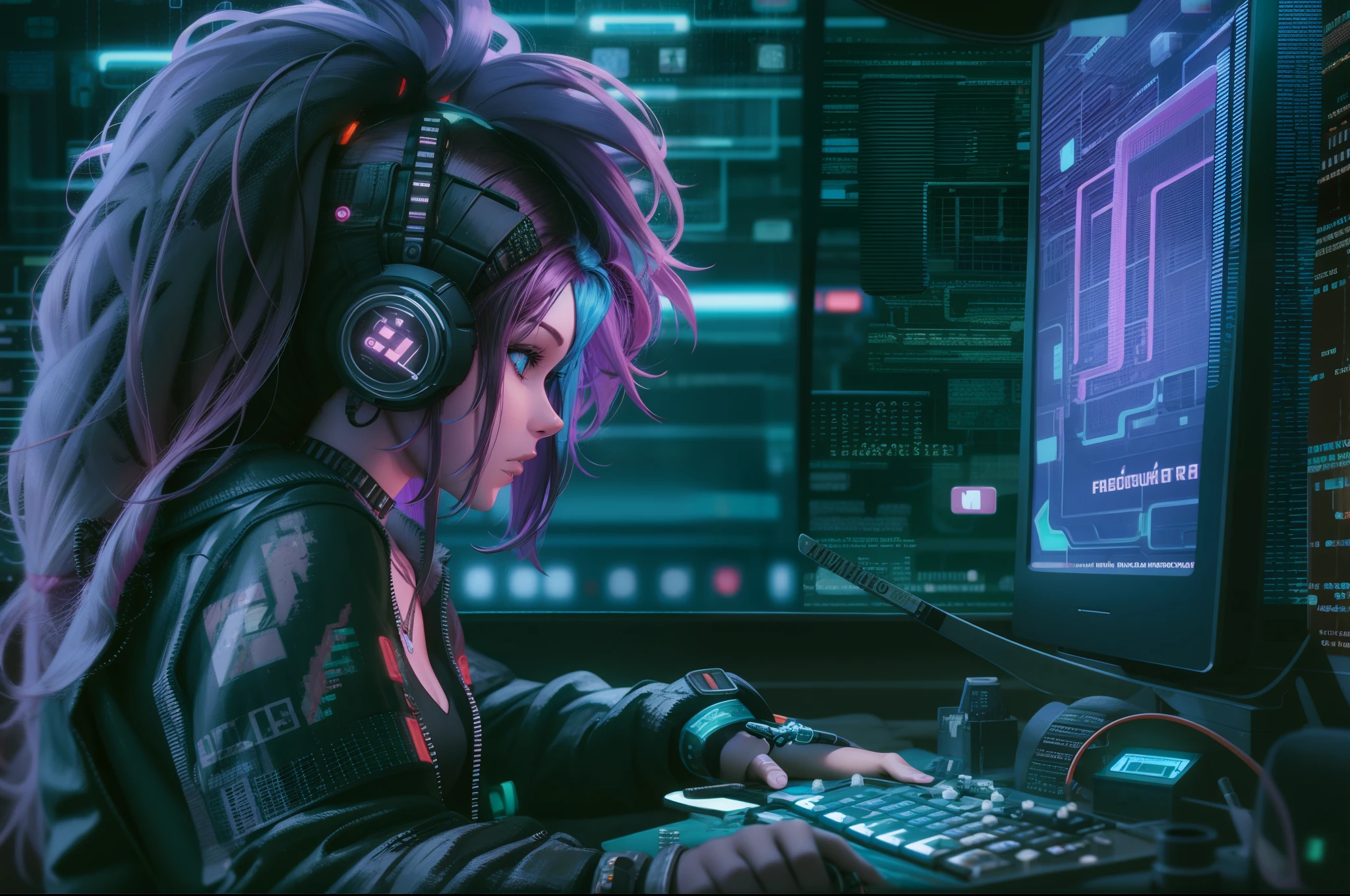 ((최고의 품질)), ((걸작)), (매우 상세한:1.3), 3D, 아름다운 (사이버펑크:1.3) 컴퓨터 단말기를 작동하는 두꺼운 볼륨 머리를 가진 해커 여성