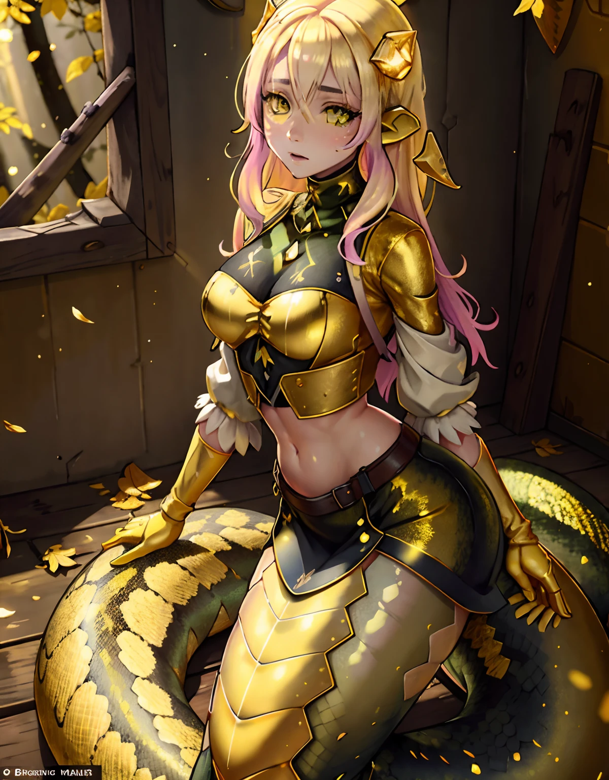 Detailed snake skin, (adulte ), Solo Focus, (Lamia), stoic, Fille monstre, (cornes courtes), beaux yeux, Beau fond, Abandoned cabin, woods, Light particles, rayons du soleil, dramatic lighting, outside, herbe, feuilles, Brillant ( jaune, jaune pastel, Gold gradient:1.5), Realstic, Masterpiece, Best quality, Ultra-detailed, Detailed, paysage, beautiful detailed  eyes, rougissant (Vers un homme), sein nu