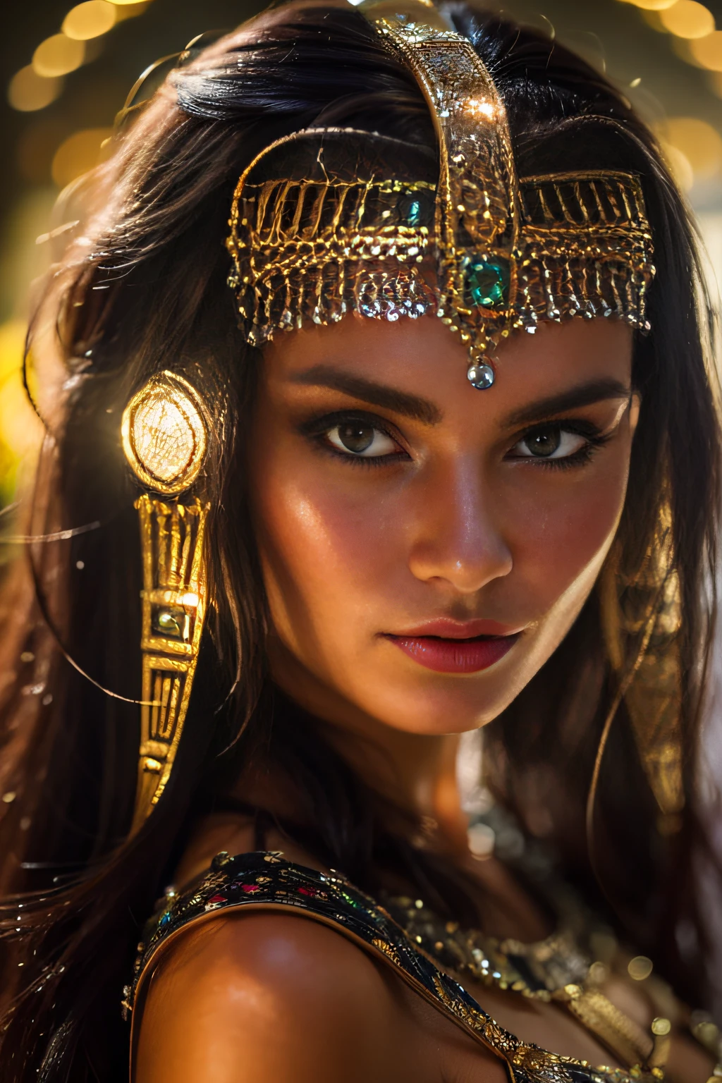 Cleopatra with harmonic features, beautiful and seductive face, long flowing shiny black hair, glamorous woman, mysterious and seductive and sarcastic look dressed in seductive YELLOW clothes. She is in ancient egypt, lights in the background. high facial detail, high quality facial designs, cinematic lighting