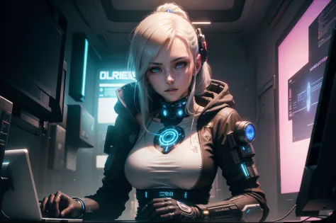 ((Best Quality)), ((Masterpiece)), (Very detailed:1.3), 3D, Beautiful (Cyberpunk:1.3) Female hacker, thick hair, revealing clothes, operating computer terminals, computer servers, LCD screens, fiber optic cables, corporate logos, HDR (High Dynamic Range), ...