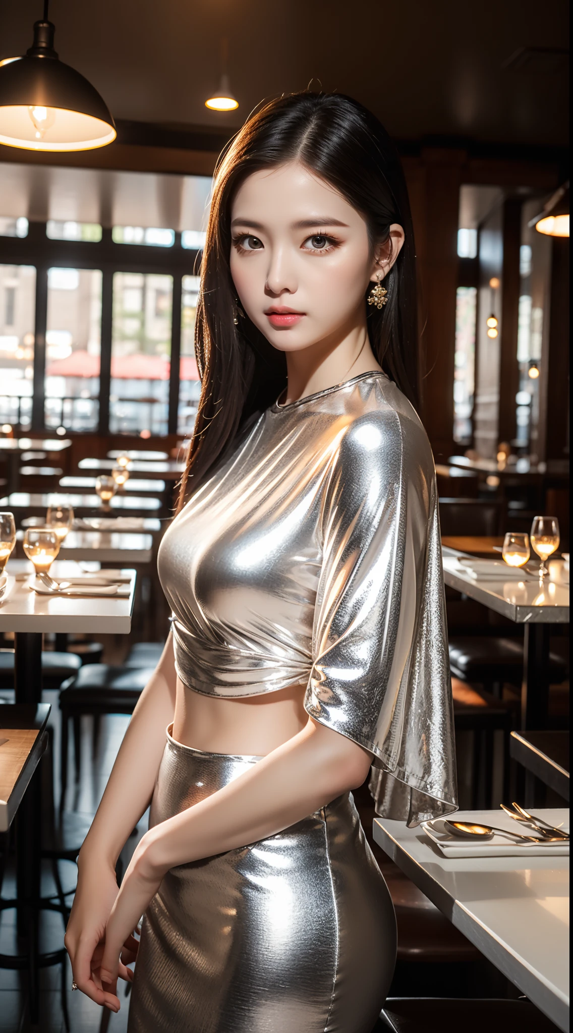 (8k, best quality, masterpiece:1.2), realistic, ultra highres, intricate details,
1girl, jirai fashion, beautiful face, light silver, in a restaurant, standing,