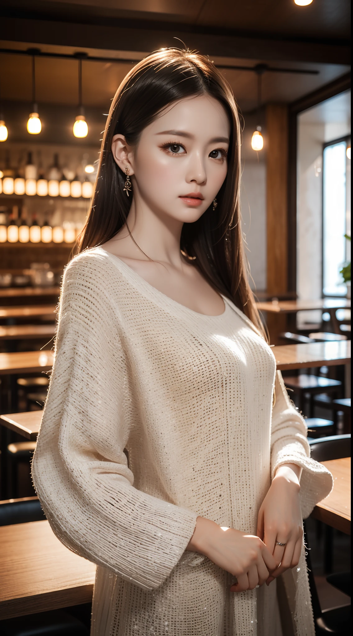 (8k, best quality, masterpiece:1.2), realistic, ultra highres, intricate details,
1girl, jirai fashion, beautiful face, light silver, in a restaurant, standing,