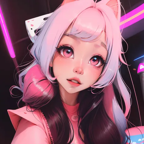 Anime girl with pink hair and pink ears and a pink shirt - SeaArt AI