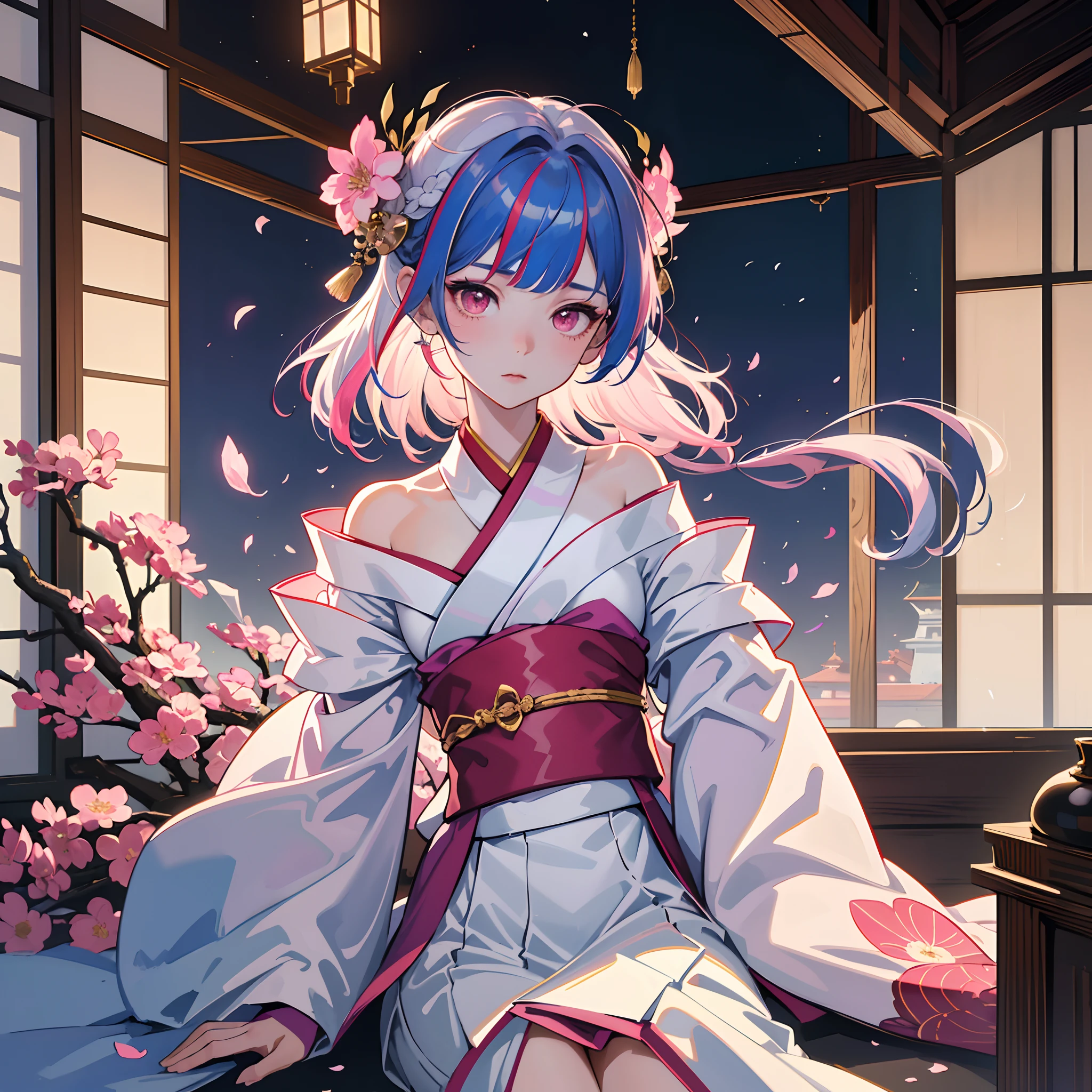 masterpiece, best quality, extremely detailed, absurdres, expressive clothes, fine fabric emphasis, ray tracing, fantasy style,

1girl , upper body , portrait , tilted head , hanfu , obi , kimono , (split-color hair:1.4) , off shoulder, pink eyes , Japanese architecture, indoor , light and shadow, crystal flower, crystal,