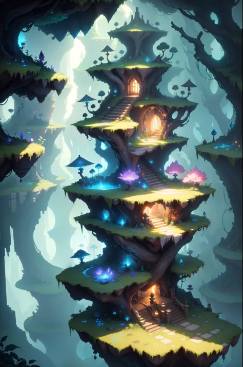 A platform game scenario, vibrant colors, volumetric lighting, ray tracing, beautiful nature, Ori-style, and Plant of Lana-style.
