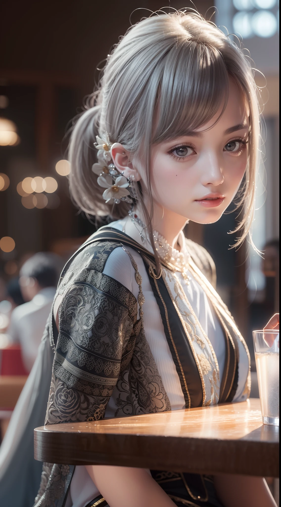 (8k, best quality, masterpiece:1.2), realistic, ultra highres, intricate details,
1girl, jirai fashion, beautiful face, light silver, in a restaurant, standing,