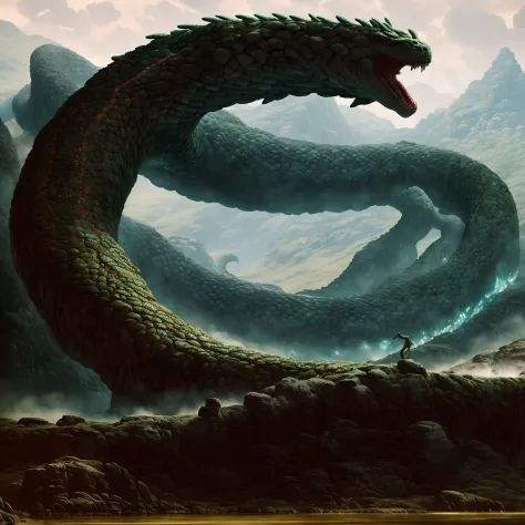 A closeup of a giant elemental snake in a mountainous area, Jormungandr, Symmetrical Epic Fantasy Art, jörmungandr, Stefan Koidl...