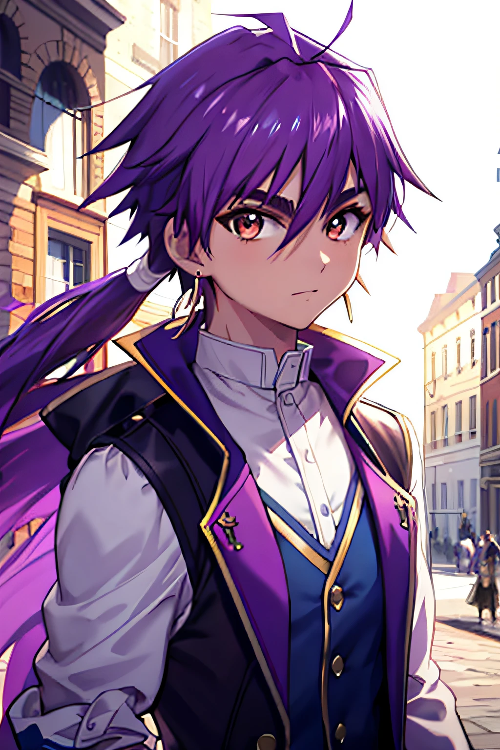 Masterpiece, Best quality, High quality, 1boy, Solo, Male focus, view the viewer, Upper body, Sinbad_maggie, Purple hair, jewelry, Long hair, Brown eyes, pony tails, Coat