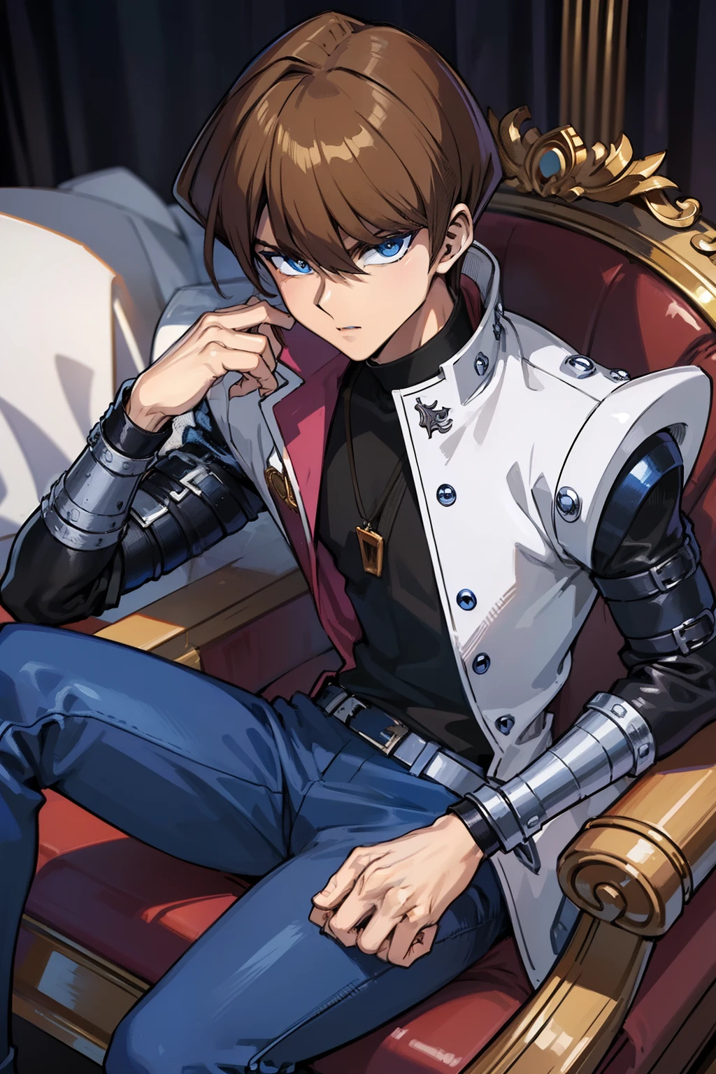 (masterpiece, best quality, ultra-detailed), 1boy, blue eyes, brown hair, sitting on a throne, man body, portrait shot, looking at viewer, serius expression, Seto Kaiba