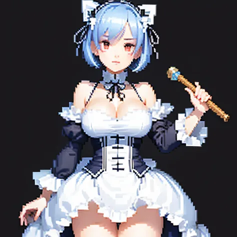 Re Zero Rem with big breats pixel art. use only 32 color