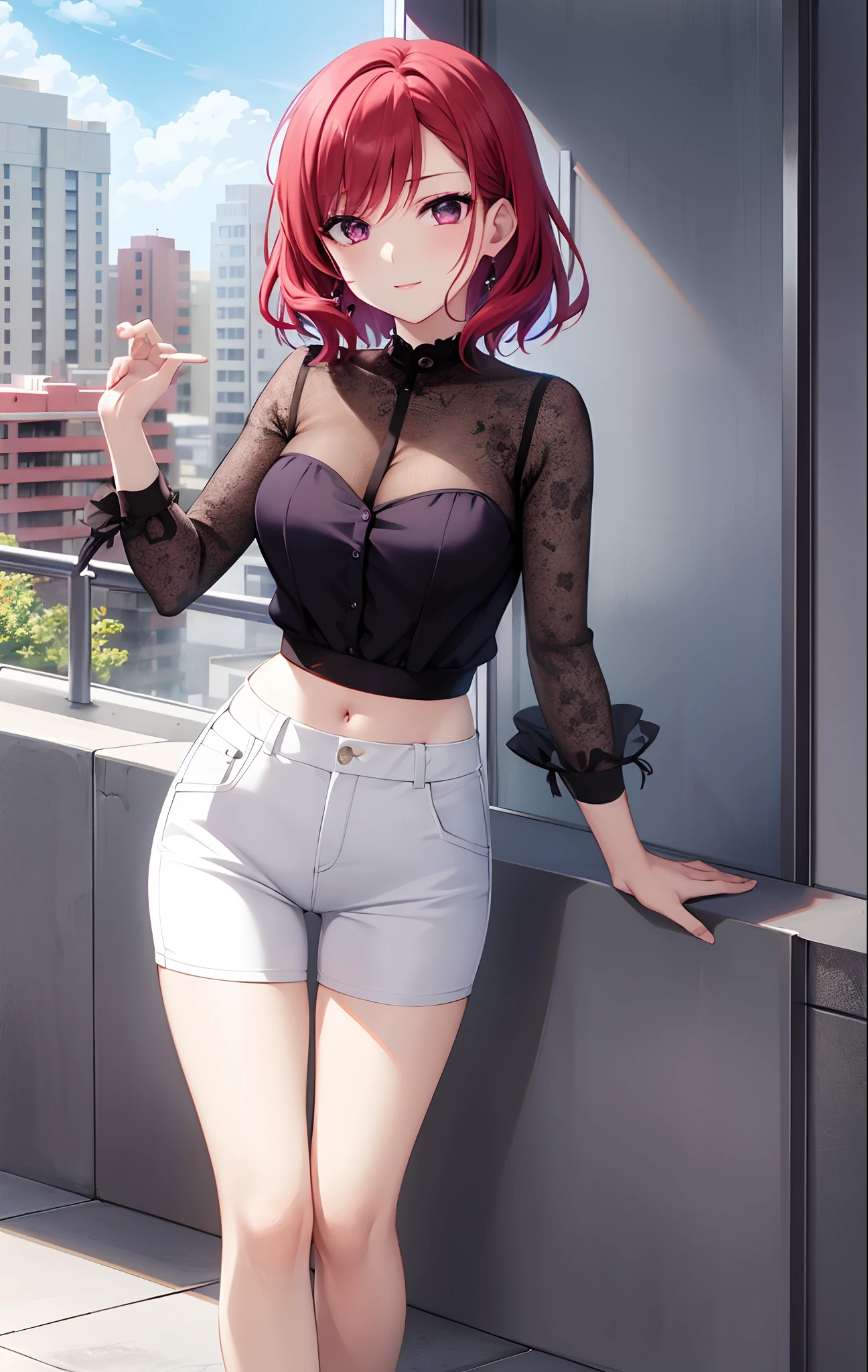 Nishikino Maki, lila Augen,((kurze rote Haare)), Bluse, weiße Hosen, (Taille:0.8)Balkon,(Lippen:0.7), llchar