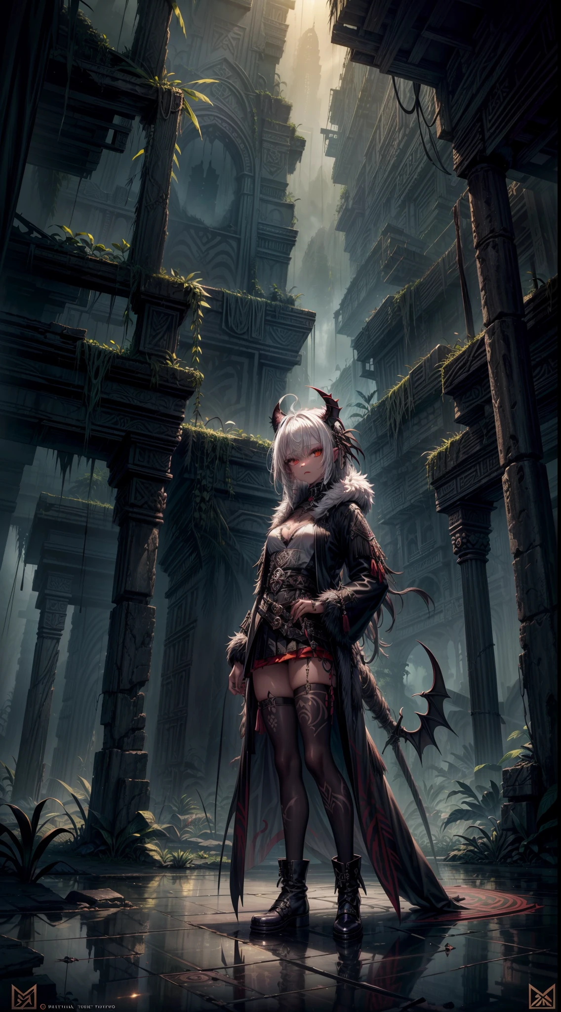 (savage, tribal, jungle)_vampire [white hair|black hair], bat fur, coat, (tribal, jungle)_(clothing, skirt), metallic reflections, rune_tatoo, tropical city ruins fog, 1girl, natural breats, masterpiece, best quality, beautiful and aesthetic:1.2, fractal art:1.4