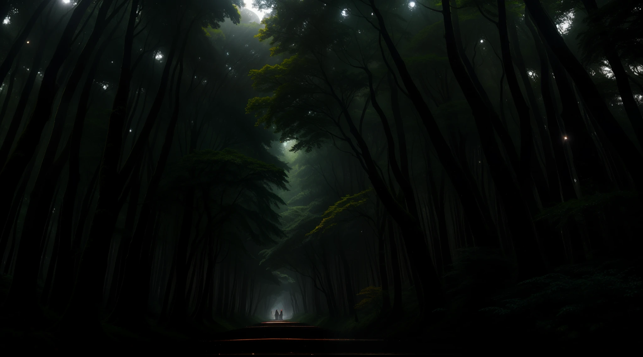 A dark forest with a path leading through it - SeaArt AI