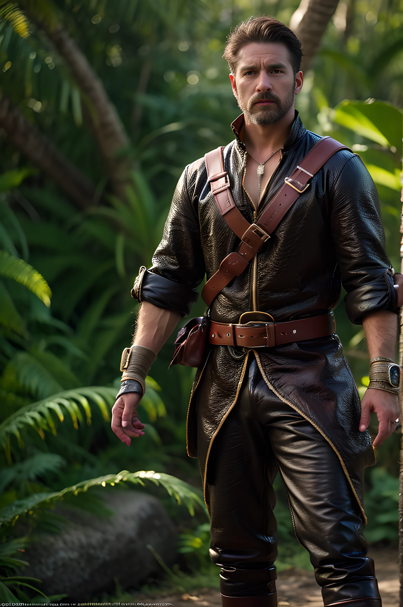 masterpiece, best quality,  realistic european man 19th century explorer wearing brown leather outfit with gold and black leather straps, large black belt at waist with accessories visible, jungle in background, Highly detailed, Detailed Face, Fully Focus, Full shot, sharp focus, illustration, Highly Detailed, Detailed Face, Half Shot, fully focus, HiRes, Hyper realistic, Ultra detailed render,  luminism, extreme detail, showing in 4k format, complex, epic, staged rendering of the character, super high quality model, 4k, 8k, cinematic quality rendering