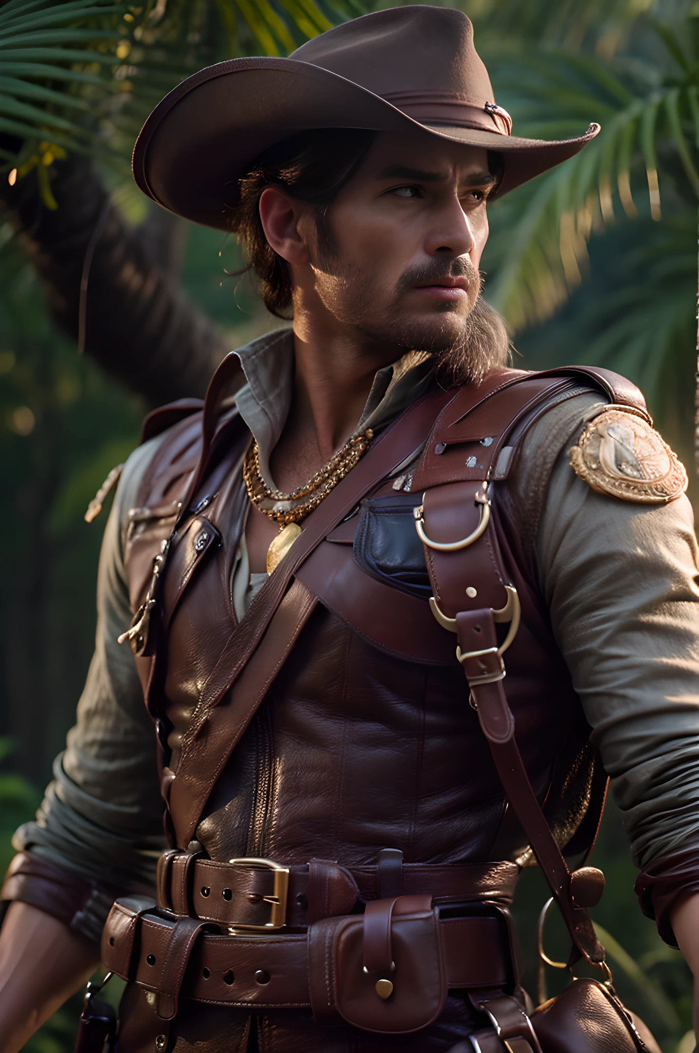 masterpiece, best quality,  realistic european man 19th century explorer wearing brown leather outfit with gold and black leather straps, large black belt at waist with accessories visible, jungle in background, Highly detailed, Detailed Face, Fully Focus, Full shot, sharp focus, illustration, Highly Detailed, Detailed Face, Half Shot, fully focus, HiRes, Hyper realistic, Ultra detailed render,  luminism, extreme detail, showing in 4k format, complex, epic, staged rendering of the character, super high quality model, 4k, 8k, cinematic quality rendering